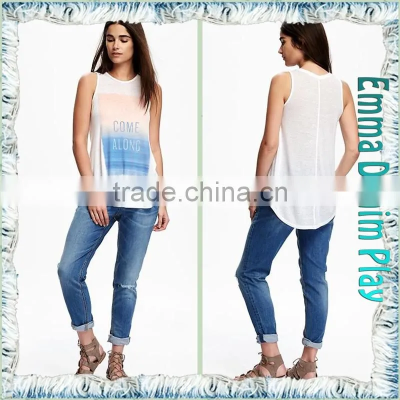 Sexy Womens Silk Screen Printed Thin Fabric Round Neck Sleeveless Long T-Shirts for Hot Summer