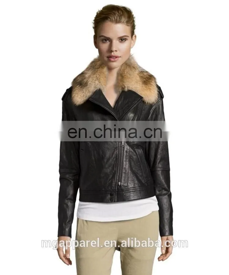 Black Leather Fur Collar Asymmetrical Zip Motorcycle Jacket Woman Coat