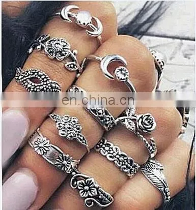 11pcs/set Retro Bohemia Rose Bouquet Jade Flower Totem Knuckle Midi Finger Stacking Ring Jewelry Ring Sets