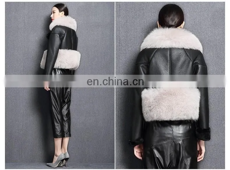 Korean Style High Quality Clothing Winter Women Leather Jacket with Fox Fur Collar
