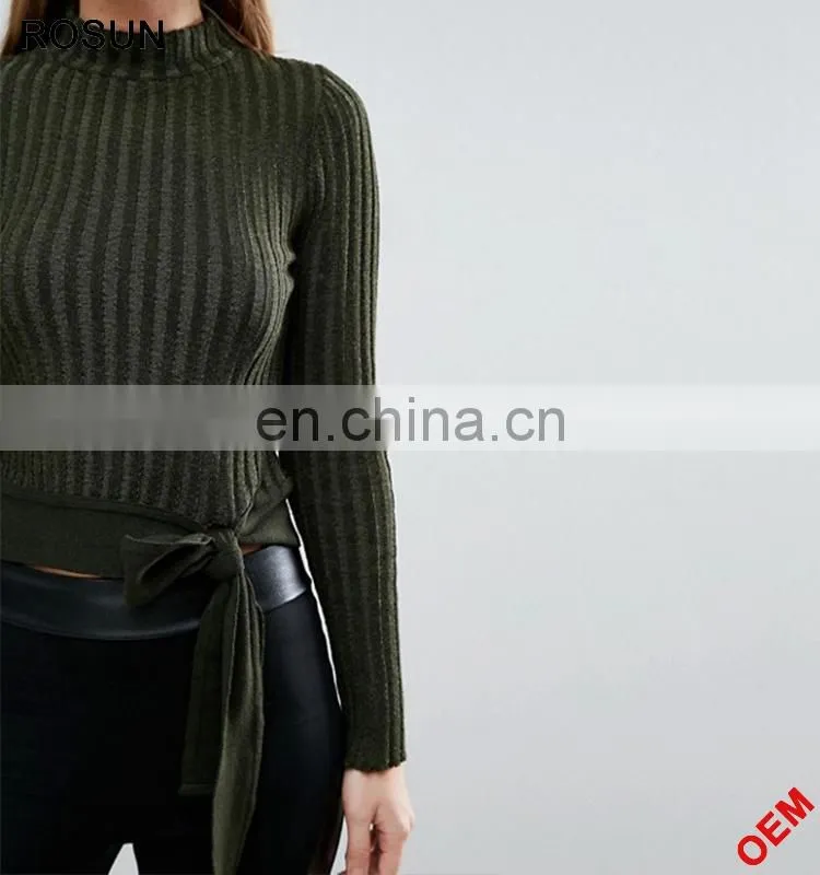 Rosun Newest Designs Collection Turtleneck Tie Waist Partten Ribbed Knit Jumper
