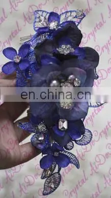 Aidocrystal deep blue luxury lucency lace hair trim piece rhinestone hair clip bridal fascinators