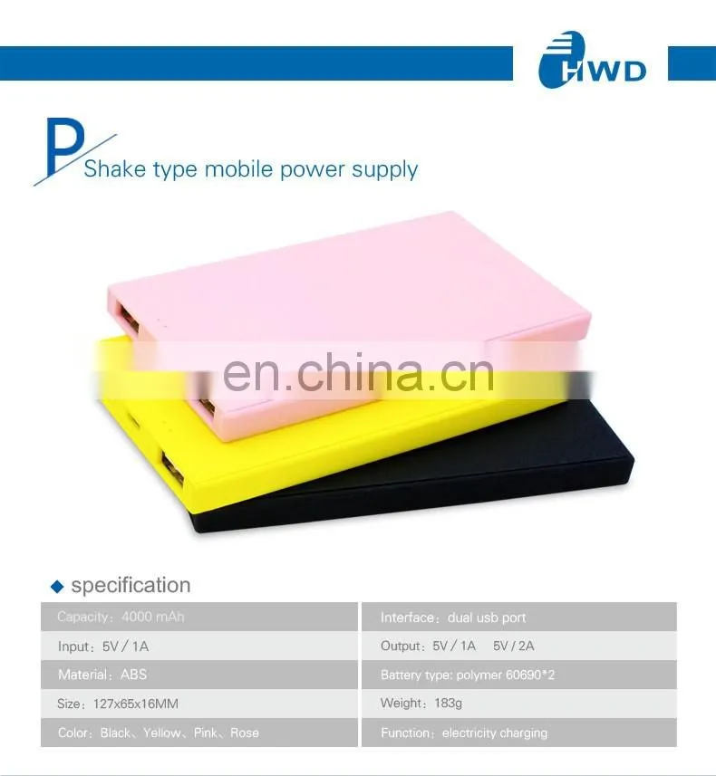 4000mah polymer Power Bank External Battery Charger plastic super thin portable power bank charger