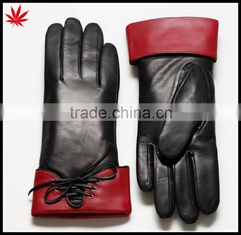 Ladies gift all palm touch screen black and red sheepskin leather gloves