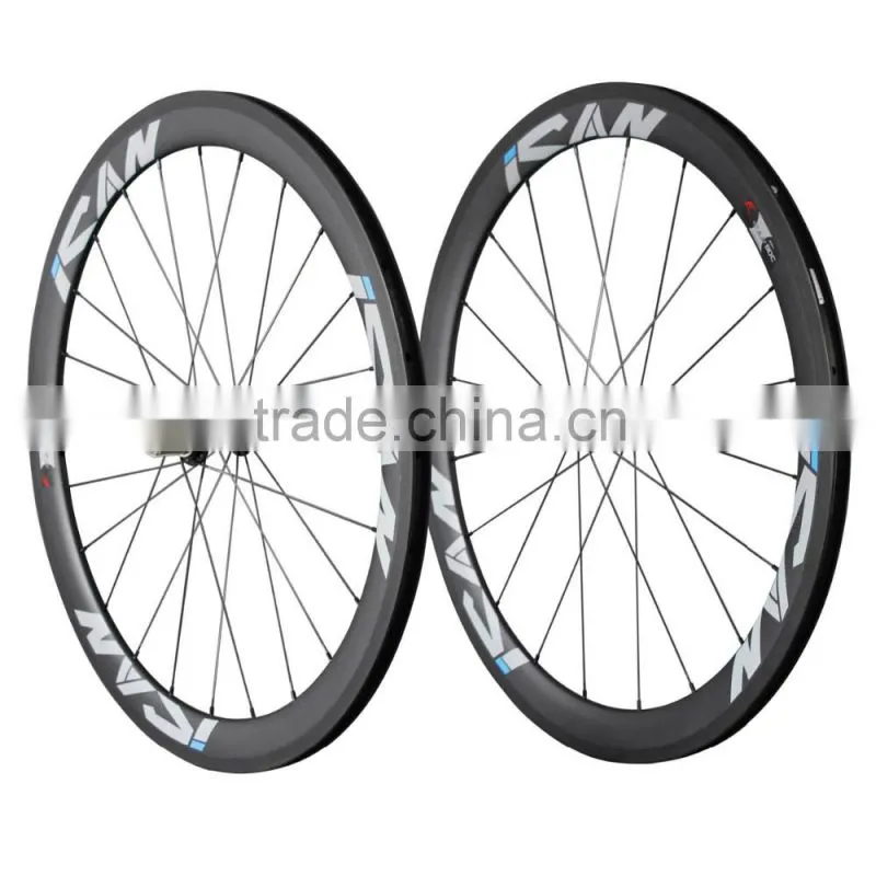 ICAN 700c road disc brake carbon wheel,bicycle carbon wheelset 50mm CX-Ray spokes V brake 50c