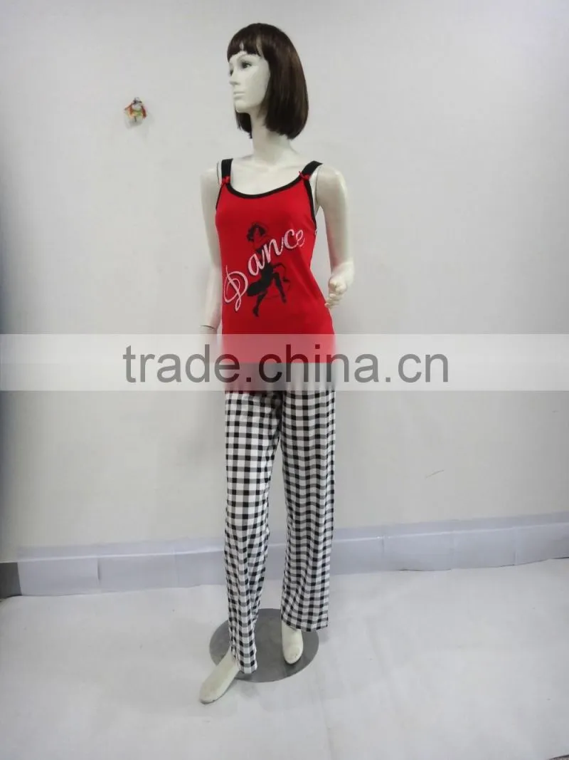 Red classic grid three-piece binding pajamas woman