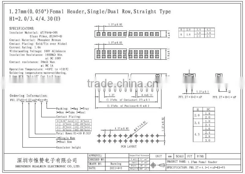 DIP connector, 1.27mm Pitch Single Row DIP Female Connector