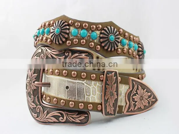 2016 Best Seller Scallop Western Rhinestone Leather Belt With Turquoise Concho