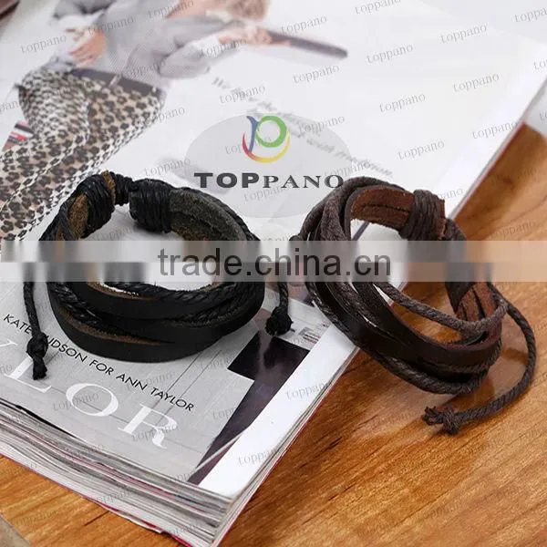 Top quality vintage style red and black stainless steel charm genuine leather bracelet for men
