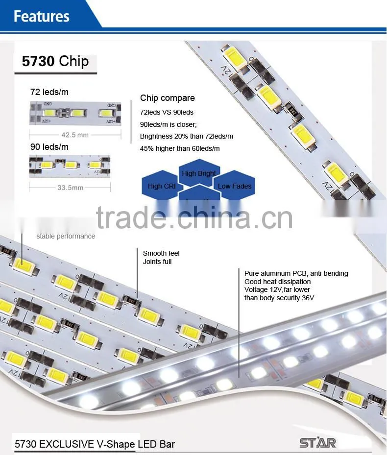 LED Bar 5730 300mm 12V Hard Rigid Strip LED Light 72/90 leds/m, Aluminium V-Shape Non-Waterproof Jewelry Counter LED Lamps