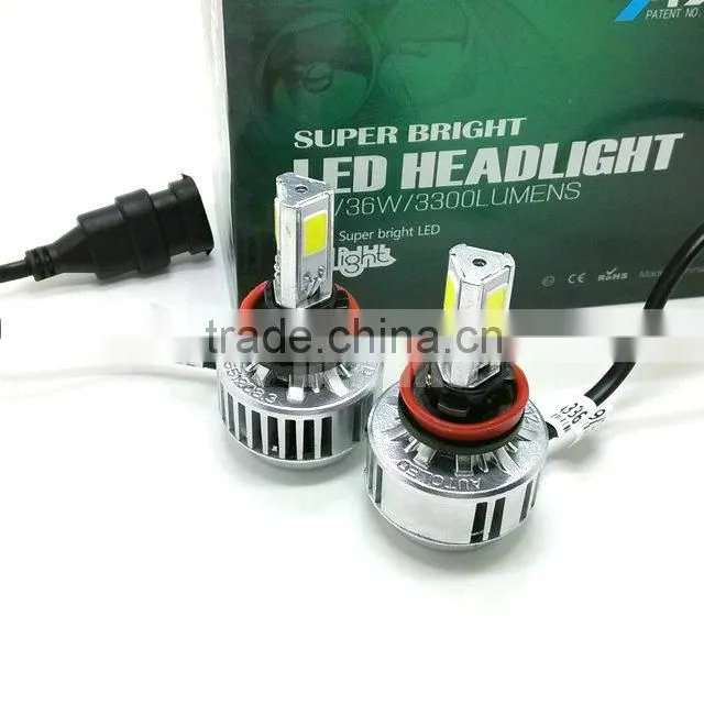 Universal Car Headlights 36W 3COB 3300LM LED H8 H9 H11 6000K White 3000K Yellow Amber LED COB Headlamp
