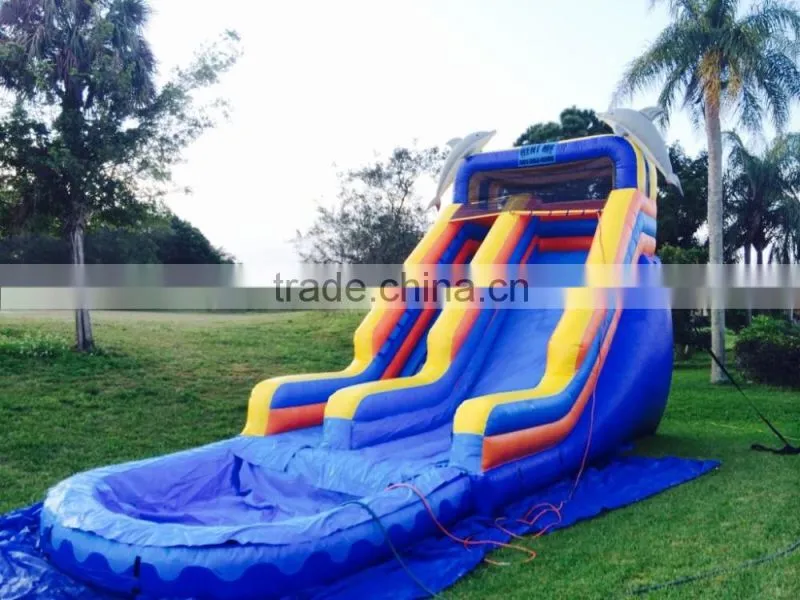 Jumpfun made popular inflatable water slides with dolphin on top hot rental