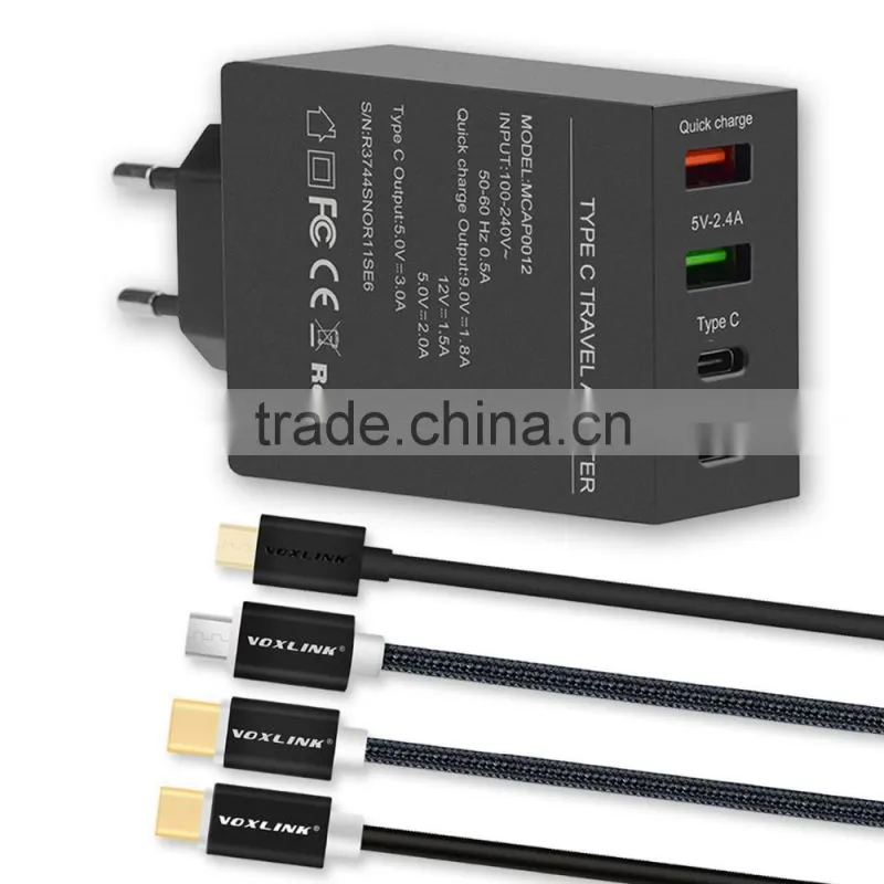 VOXLINK 5V 3A 2 ports usb type c +quick charge 3.0 usb+5v 2.4a usb travel charger adapter with us plug