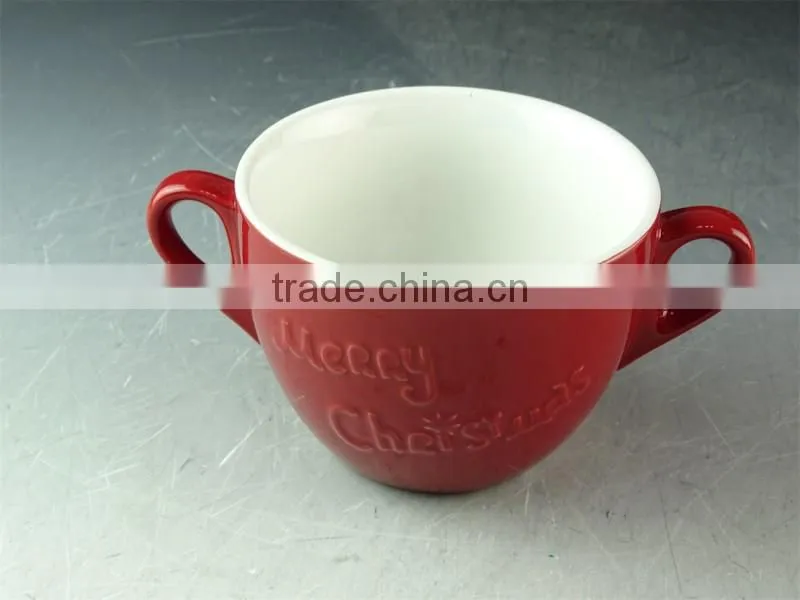 Colored ceramic mug cup/soup cup two handles 550 ml with spoon / Christmas cup embossed
