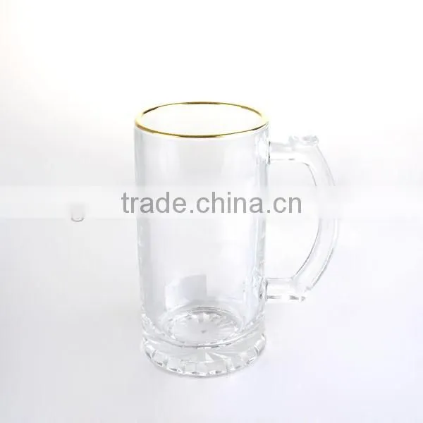 machine made beer glass with handle with gold rim