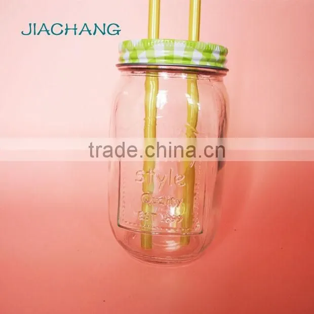 drinkware transparent glass table beer jar with 2 pieces of straws