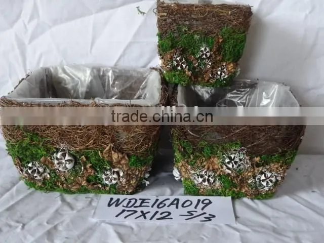 Decorative Moss and Sisal flower pot with handle Material Moss,sisal, grass,cornhusk