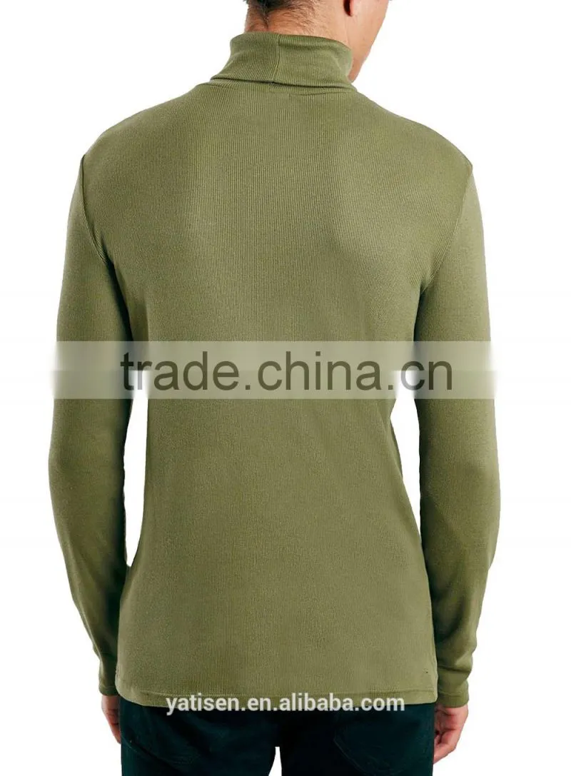 Khaki Ribbed Roll Neck men T-Shirt Wholesale Customized Logo Organic Cotton gym muscle long sleeves T shirts