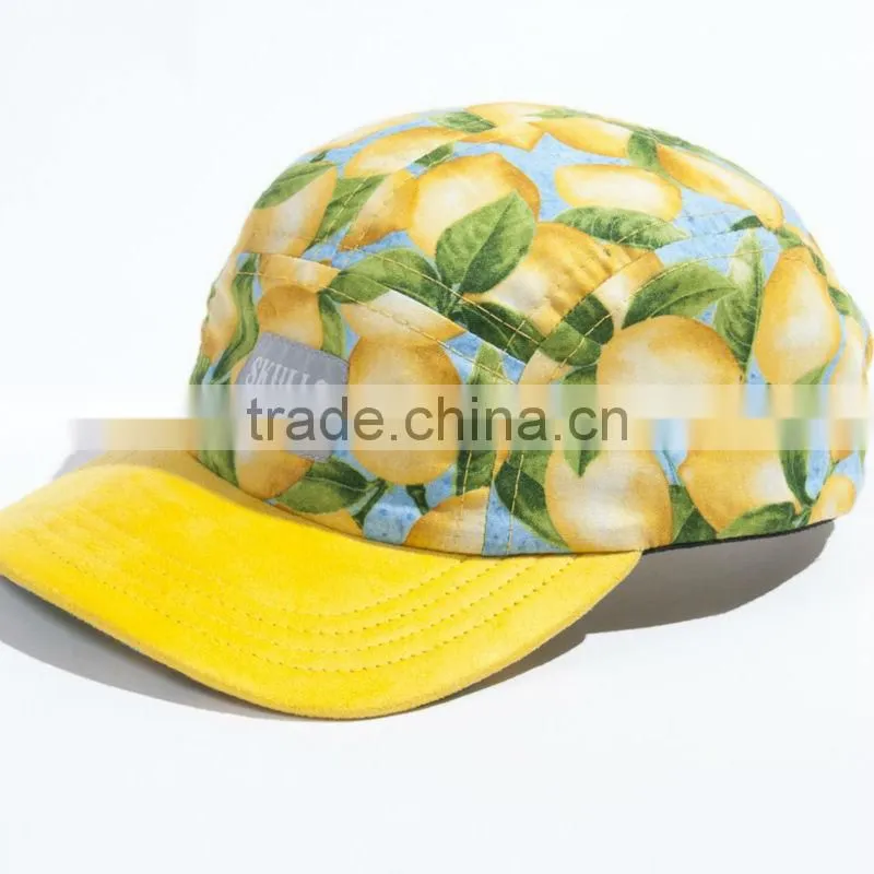 Fruit printed 5 panel cap curved brim sports hat stylish custom 5 panel promotional cap