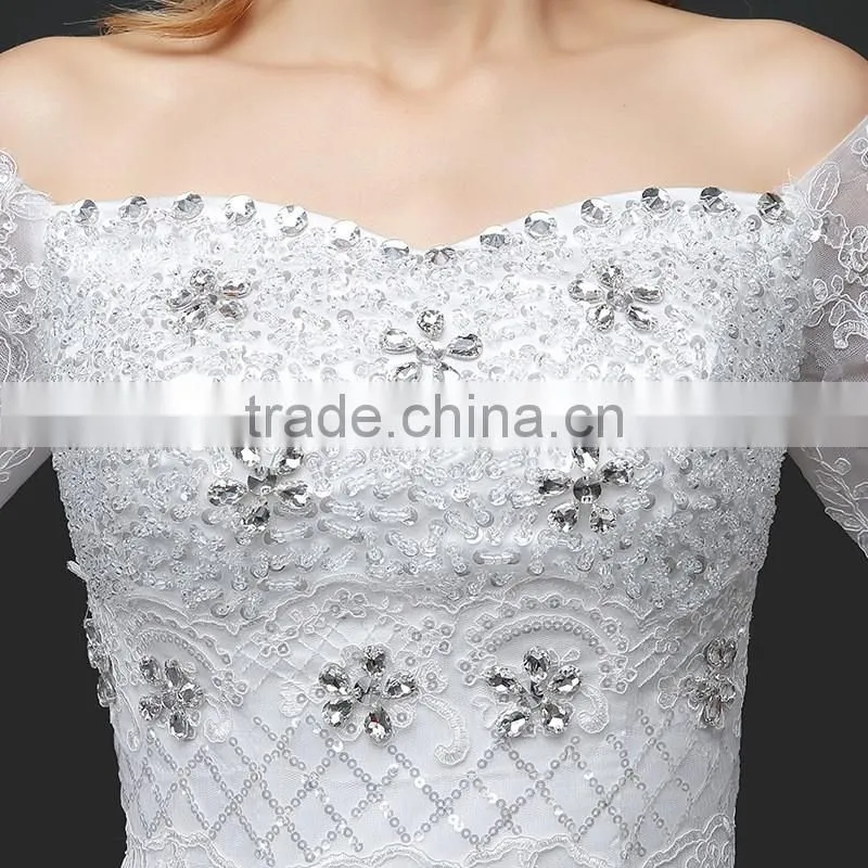 MGOO Elegant Old Castle Long Tail Wedding Dress Lao White Embroidery Off Shoulder 3/4 Long Sleeves Dress