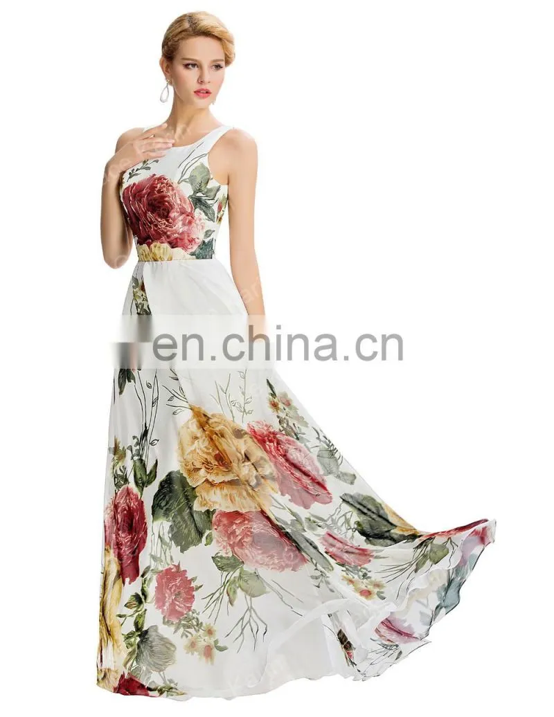 Grace Karin 2016 New Design Women Long Sleeveless Flower Pattern Chiffon Long Prom Dress GK000033-1
