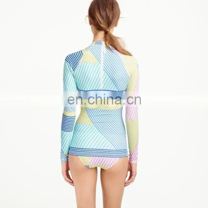 Custom printed new rash guard in mix stripe, women rash guard