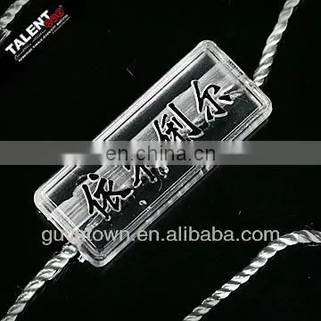 custom new fashion brand name transparent string seal tag for hangtag