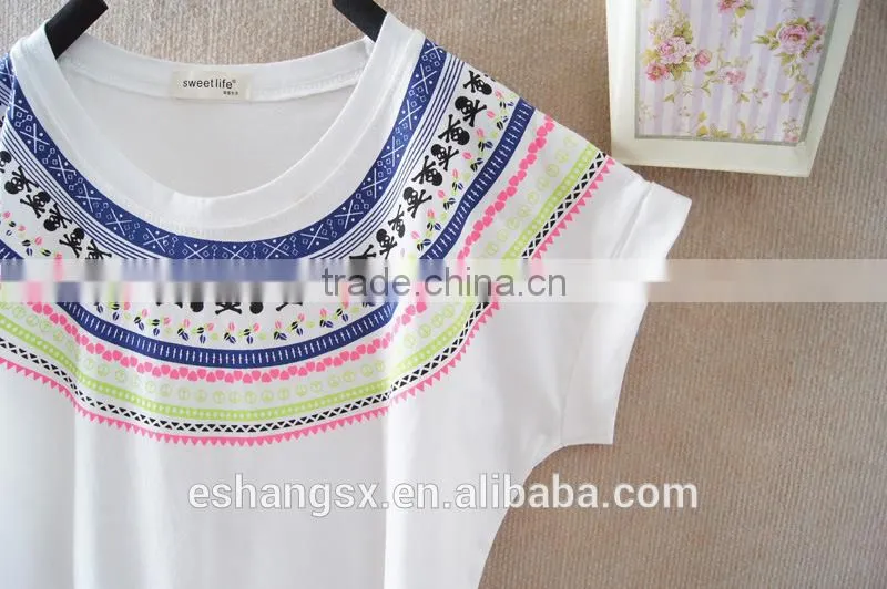 2014 cotton ladies printed batwing sleeve t-shirt