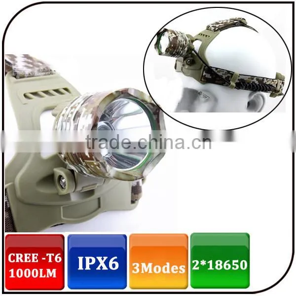 CE ROHS 1000 lumen 2pc 18650 battery fishing rechargeable led head lamp