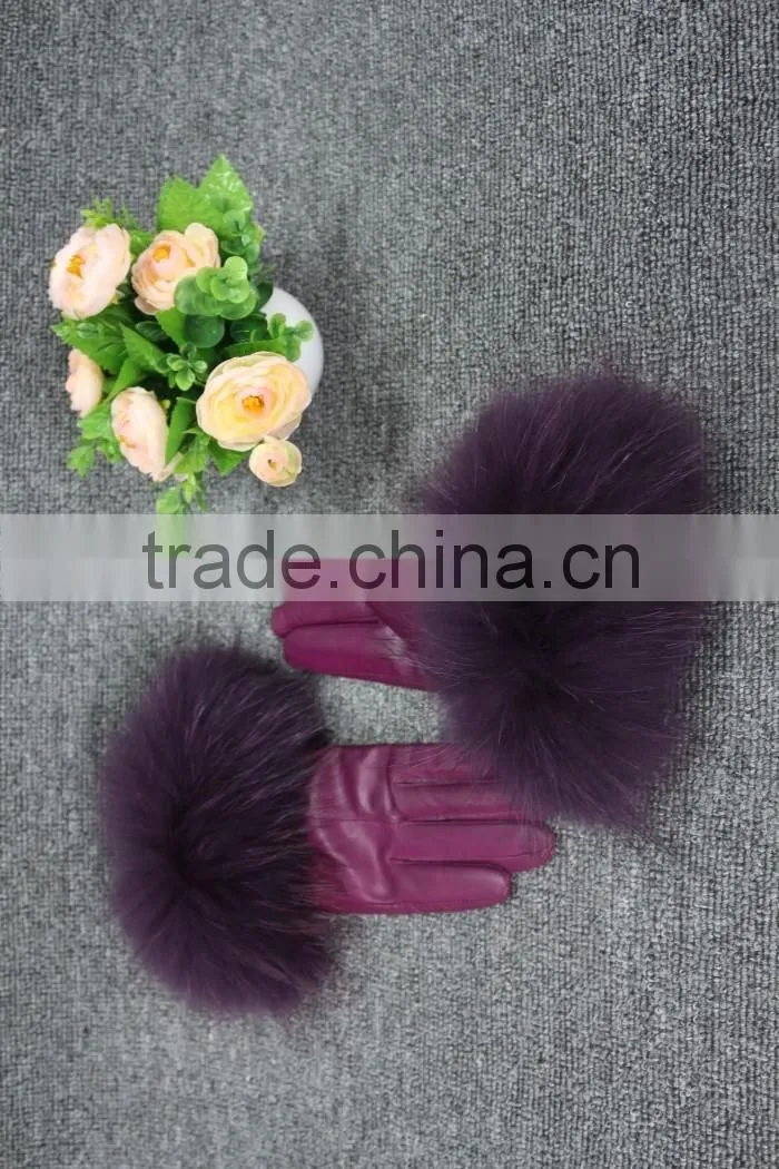 Fashion lady leather glove fur cuff glove fox leather glove hot sale