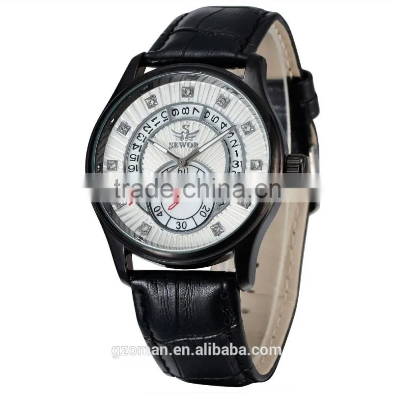 genuine leather strap man automatic watch 6hands wrist watch with diamond