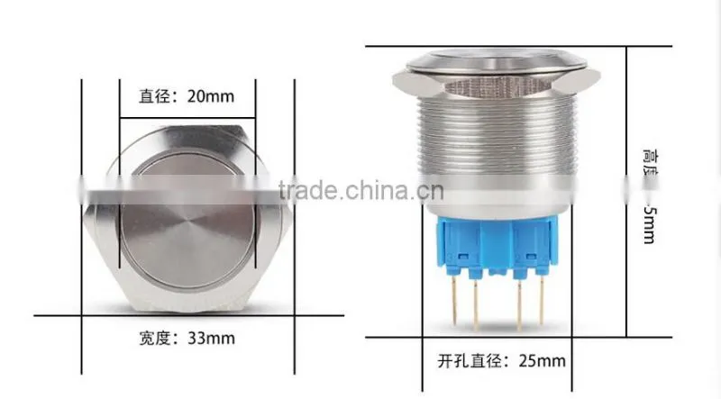 25mm Stainless Steel Latching 2NO2NC Ring Illuminated LED Metal Push Button Switch