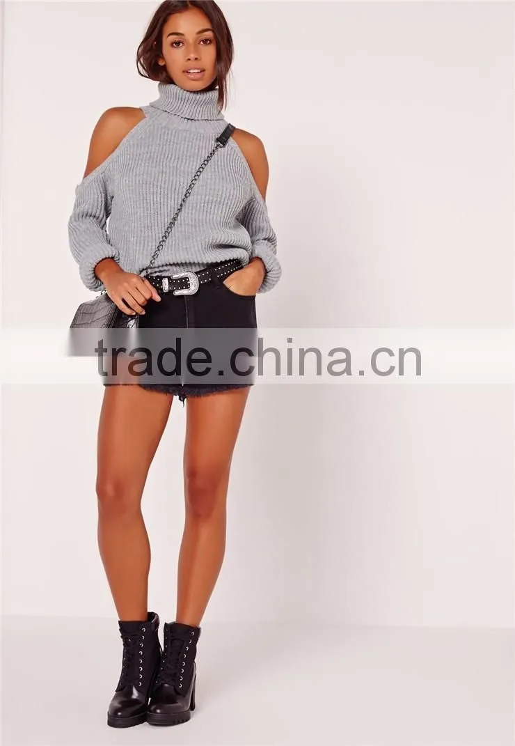 MGOO Custom Design Women Plain Knitwear Oversized Longline Ladies Sweater Chunky Cold Shoulder Jumper Grey