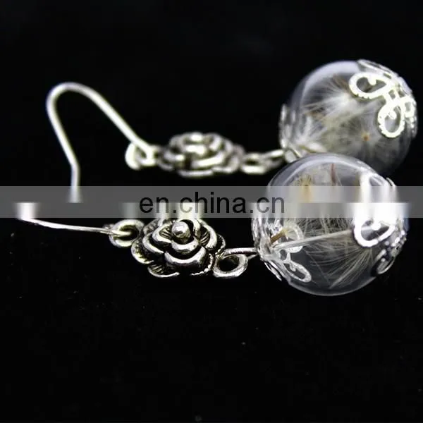 Hot sell glass ball dandelion seeds vintage flower metal plant pendant unique earrings