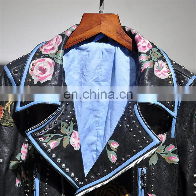 Fashion Printed Real Leather Jacket Cool Girls Leather Jacket Motorcycle