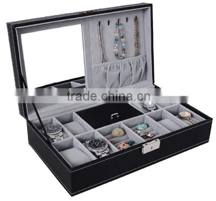 Black Leather Jewelry Box Watch Organizer Storage Case with Lock & Mirror