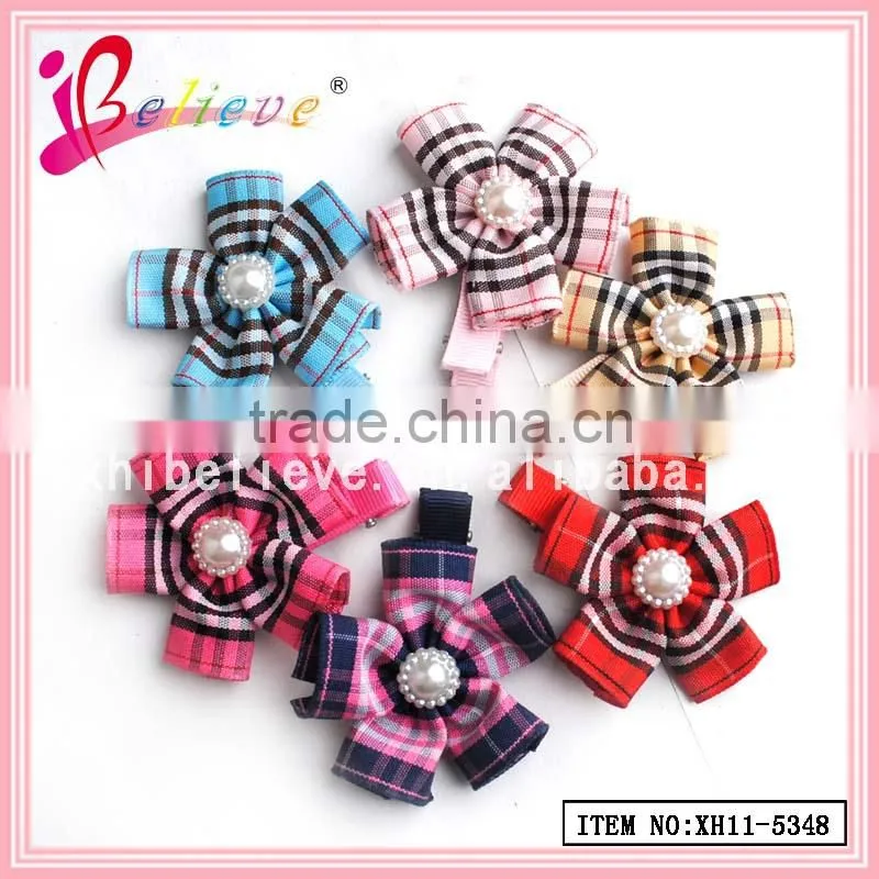 Cotton grid flower hair clip wholesale girls hair flower,hair flower clips