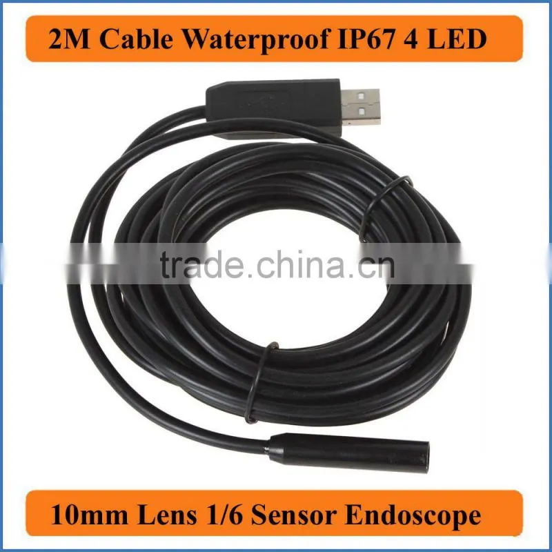 2M Cable Length IP66 Waterproof 10mm Lens Mini USB Endoscope Camera Inspection Camera Borescope Tube Snake Scope 4 LEDs