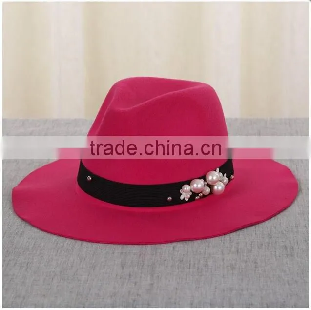 Custom Female Fedora Hat Ribbon beads imitation wool Hat Wide-brimmed For autumn Winter