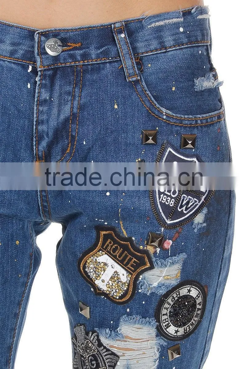 Women New Blu Destroyed Denim Embroidered Jeans Pants Trousers