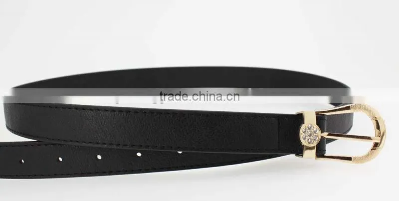 Women's Plain black PU leather belt with rhinestone ring in YiWu