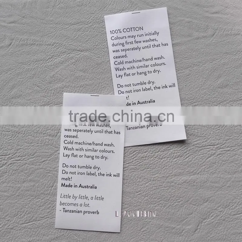 Flexography non woven fabric care label for men spring and fall shirt