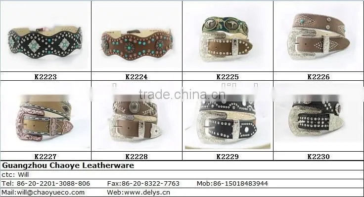 2015 New Design Western rhinestone leather belt with square conshos with crystals