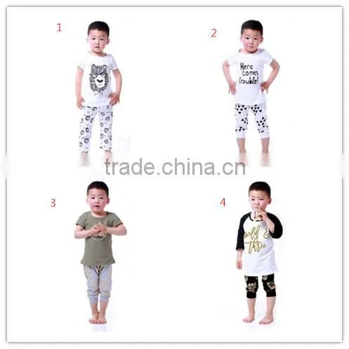 2016 boutique oem animal design white plain tee shirt pant together fancy kids clothing outfits boy