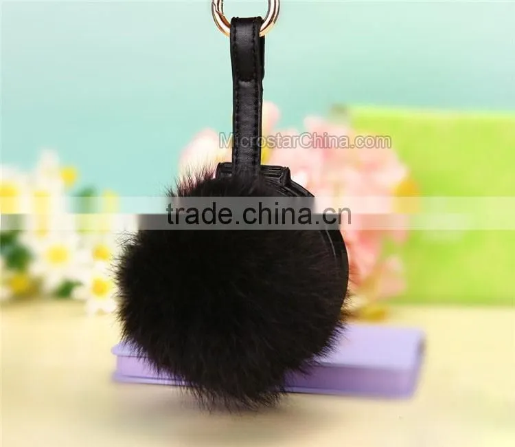9cm Genuine Rex Rabbit Double Makeup Mirror Keychain Fur Ball Key Chain