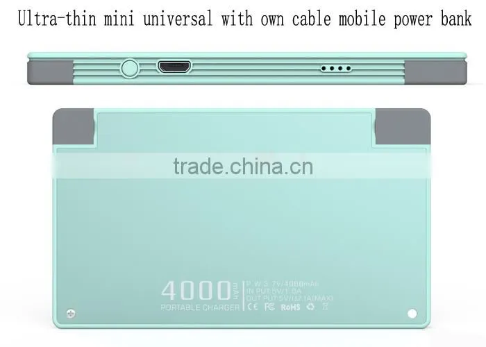 4000mah Backup Power Bank mobile phone charging built in cable power bank for iphone