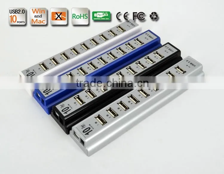 Wholesale Durable 10 Port Hi-Speed USB 2.0 Hub Splitter US Adapter AC Power For PC Laptop 3 Colors