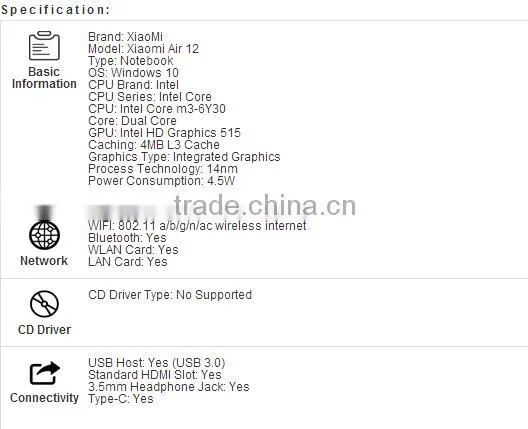 Xiaomi Air 12 Laptop Win 10 12.5 inch IPS Screen Intel Core m3-6Y30 Dual Core 4GB RAM 128GB SSD Front Camera Bluetooth 4.1