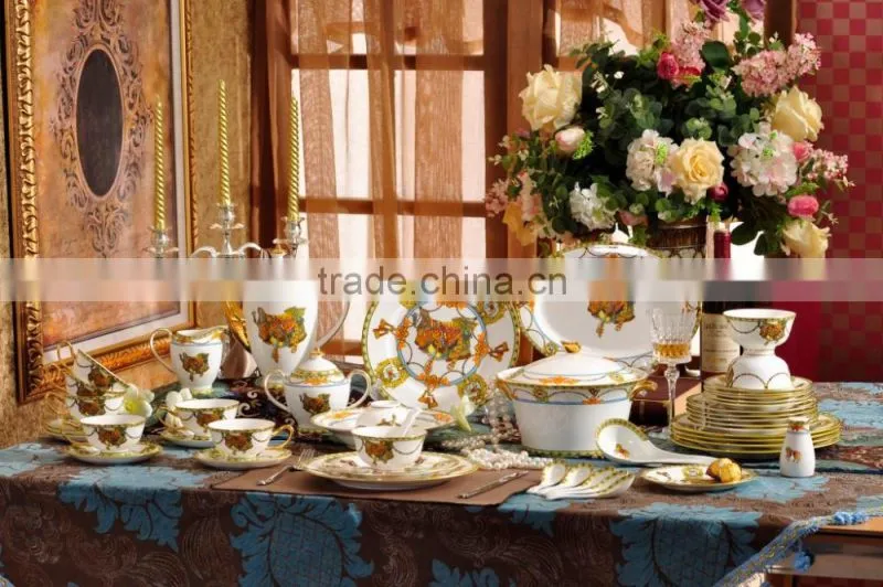 Neo saddle painting design quality bone china 69pcs dinnerware set with tea set