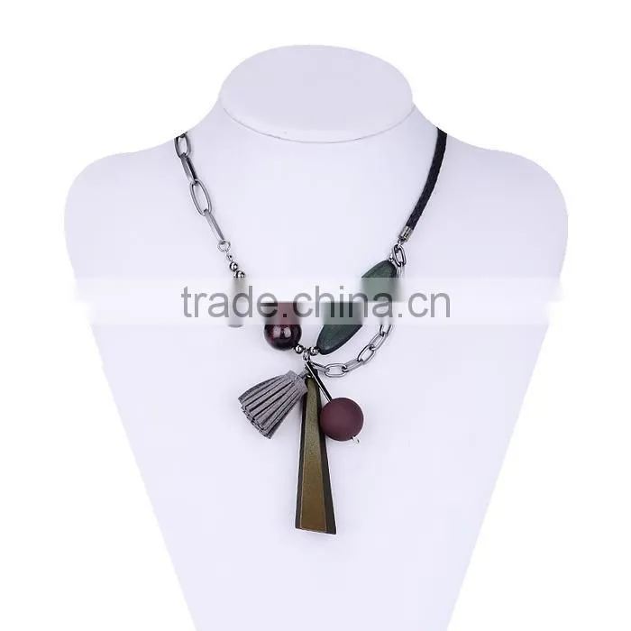 geometric wood bead rubber strip pendant necklace velvet leather tassel necklace chain linked suede leather necklace